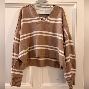 Hollister Striped V-Neck Sweater in Brown and Cream